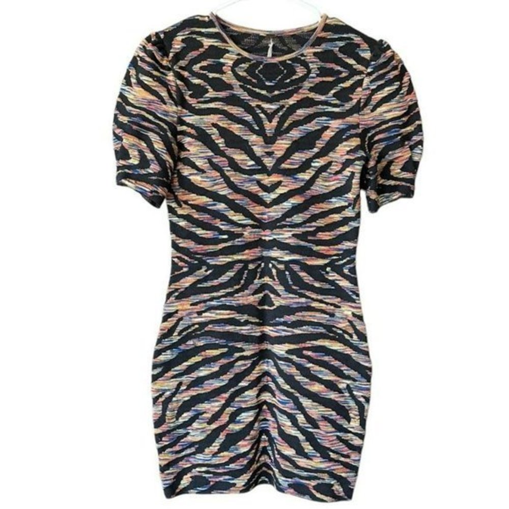 Free People Multi-Color Zebra Pattern Knit Short Sleeve Bodycon Dress Womens S